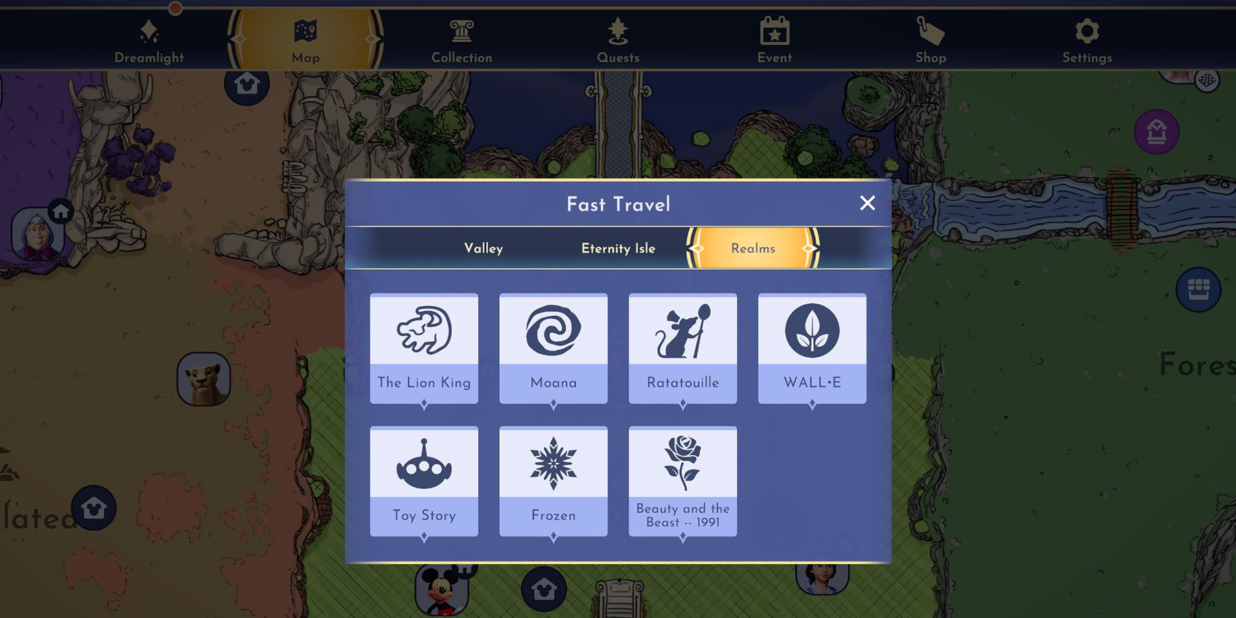 Realms in the Fast Travel menu in Disney Dreamlight Valley