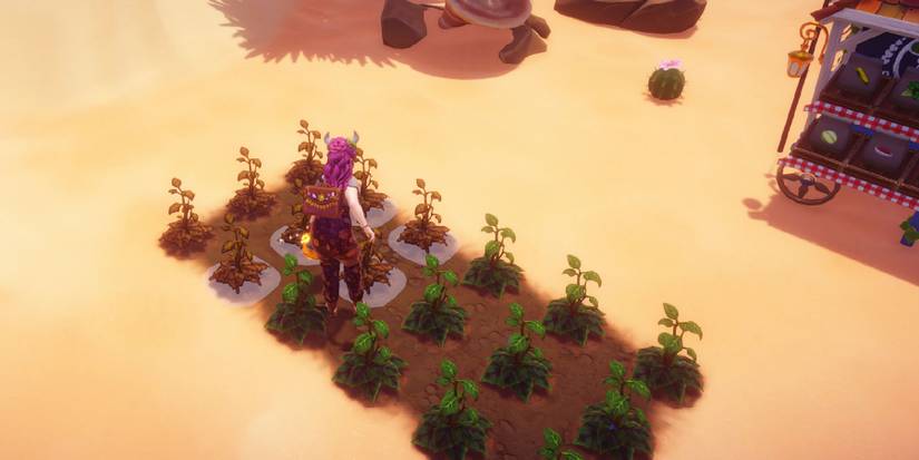 Watering crops in the Glittering Dunes in Disney Dreamlight Valley: A Rift in Time