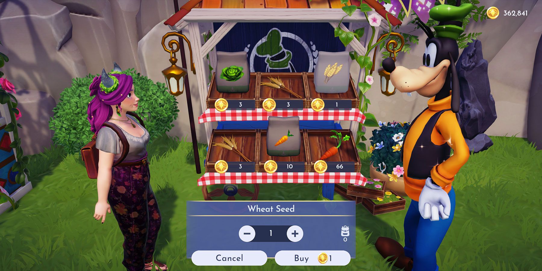 Buying Wheat Seeds or Wheat cooking ingredient from Goofy's Stall in Disney Dreamlight Valley
