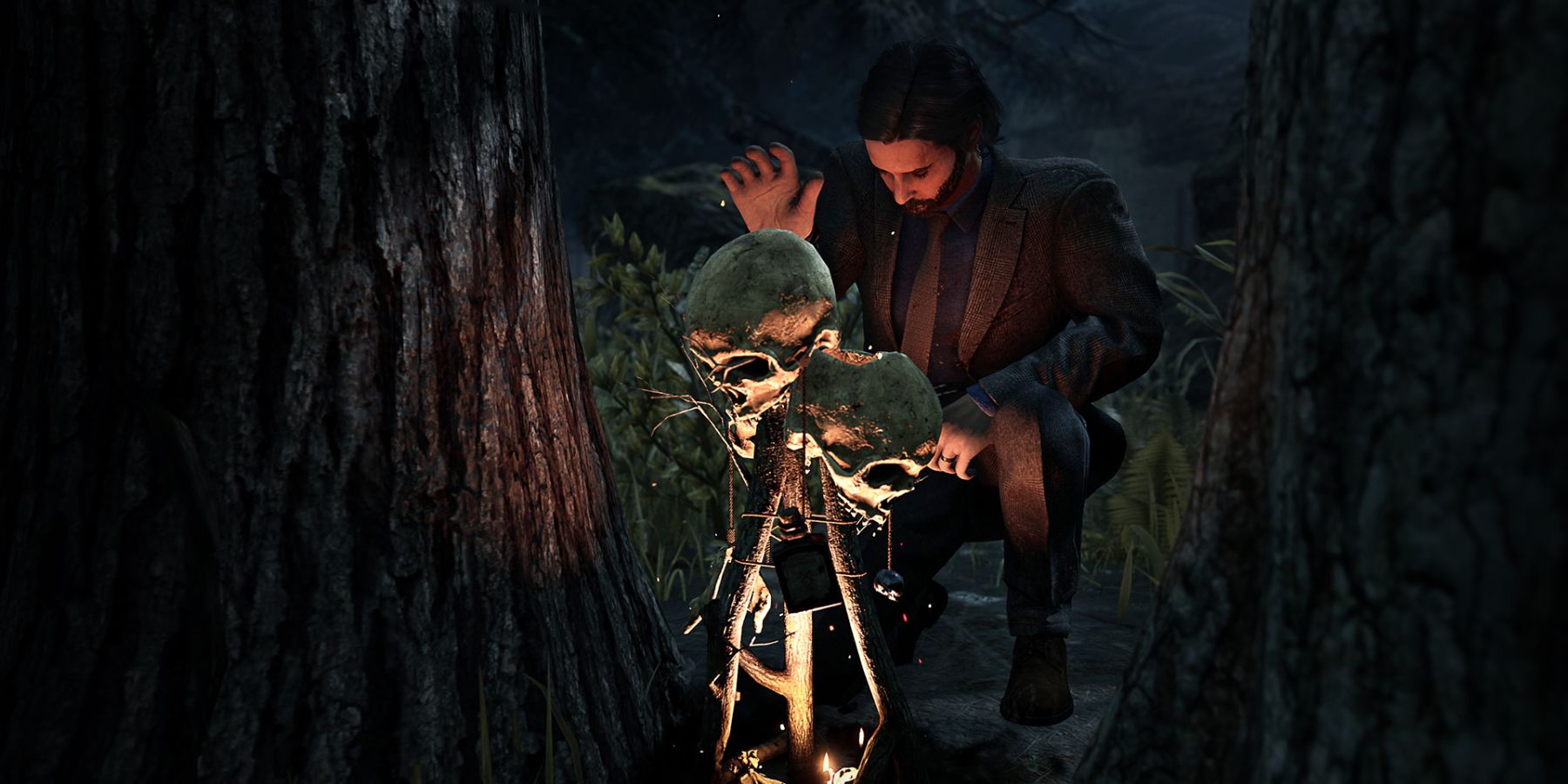 A screenshot from Dead by Daylight's Alan Wake DLC, showing Alan Wake using his "Illumination" Boon.