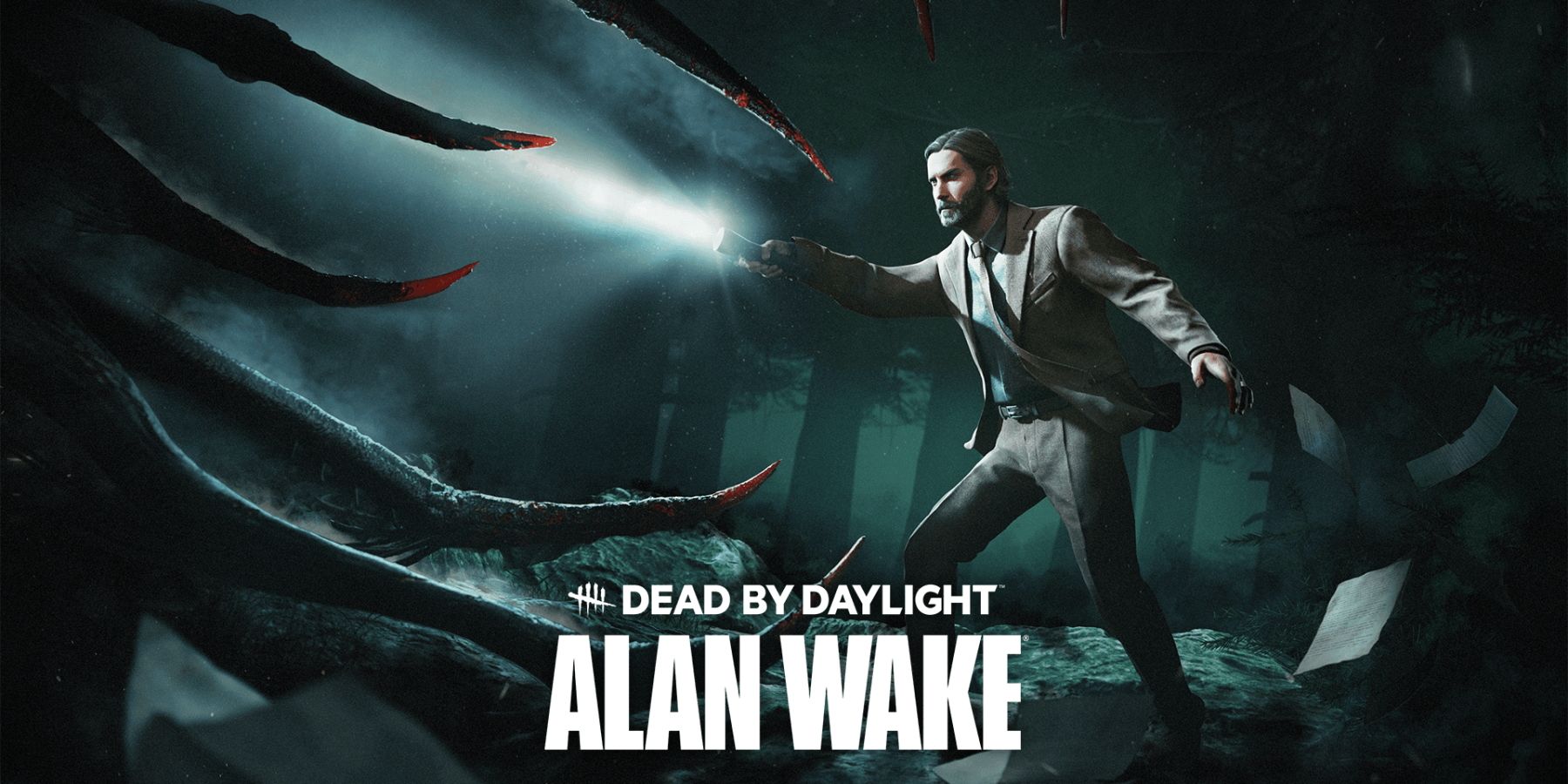 The key art for Dead by Daylight's Alan Wake DLC, showcasing Alan Wake shining a flashlight on an off-screen creature.
