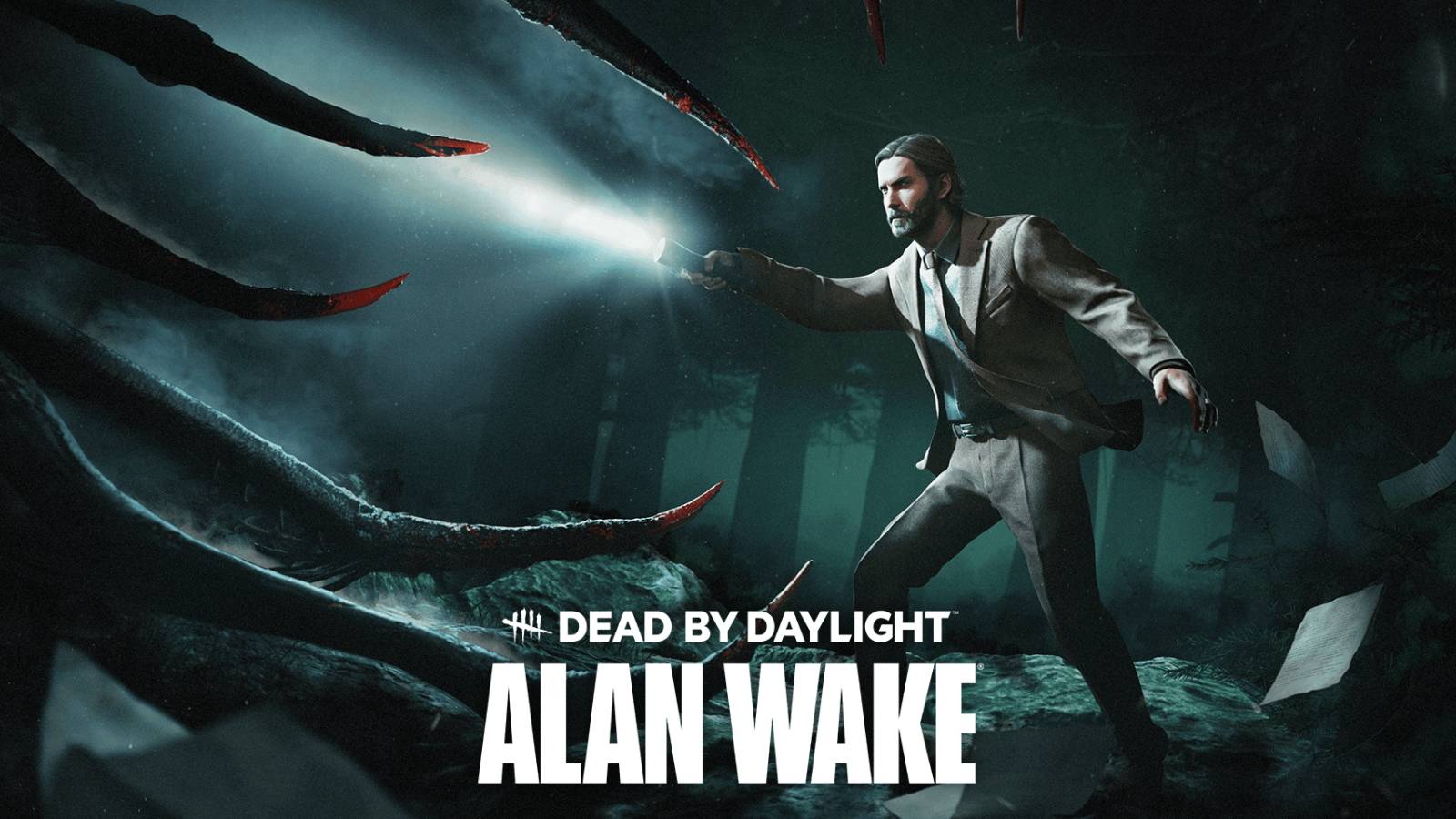 The key art for Dead by Daylight's Alan Wake DLC, showcasing Alan Wake shining a flashlight on an off-screen creature.