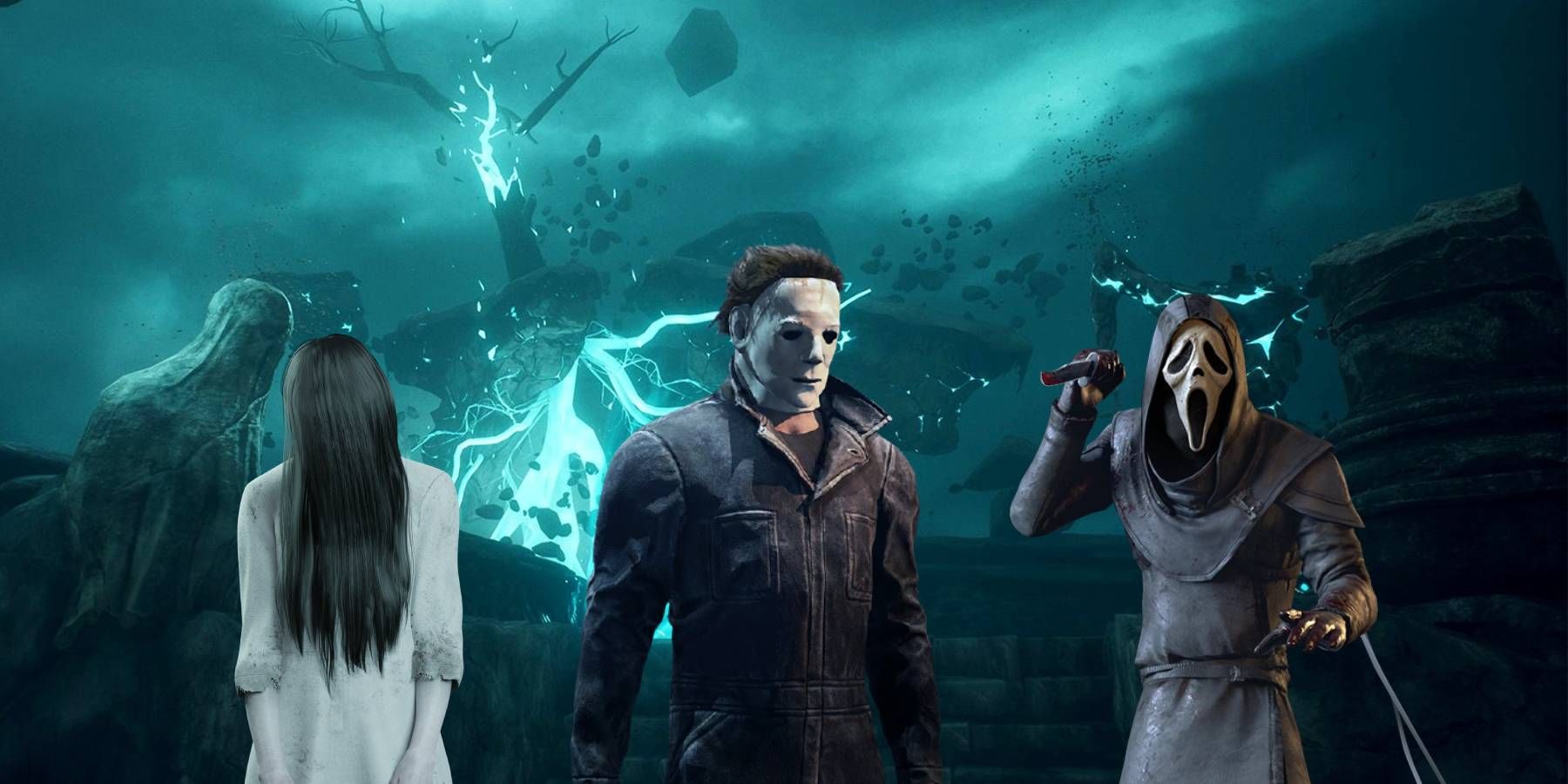 Sadako, Michael Myers, and Ghostface in the Void from Dead by Daylight