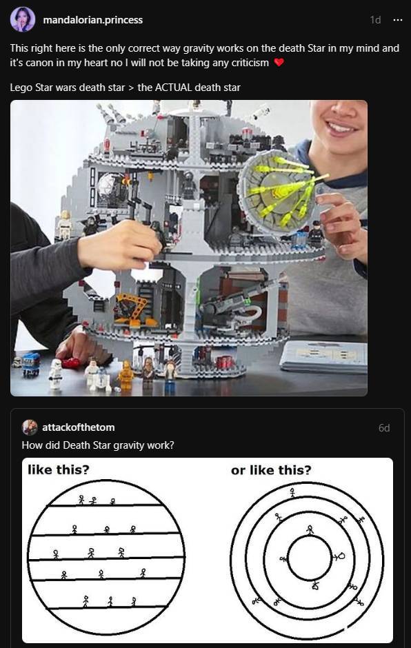 Threads user mandalorian.princess discussing the gravity of the Death Star in Star Wars