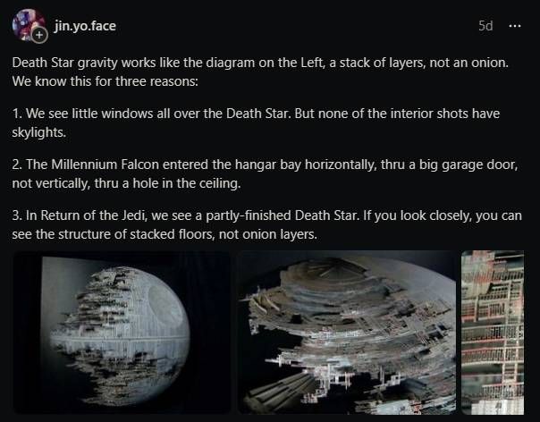 Threads user jin.yo.face discussing the gravity of the Death Star in Star Wars
