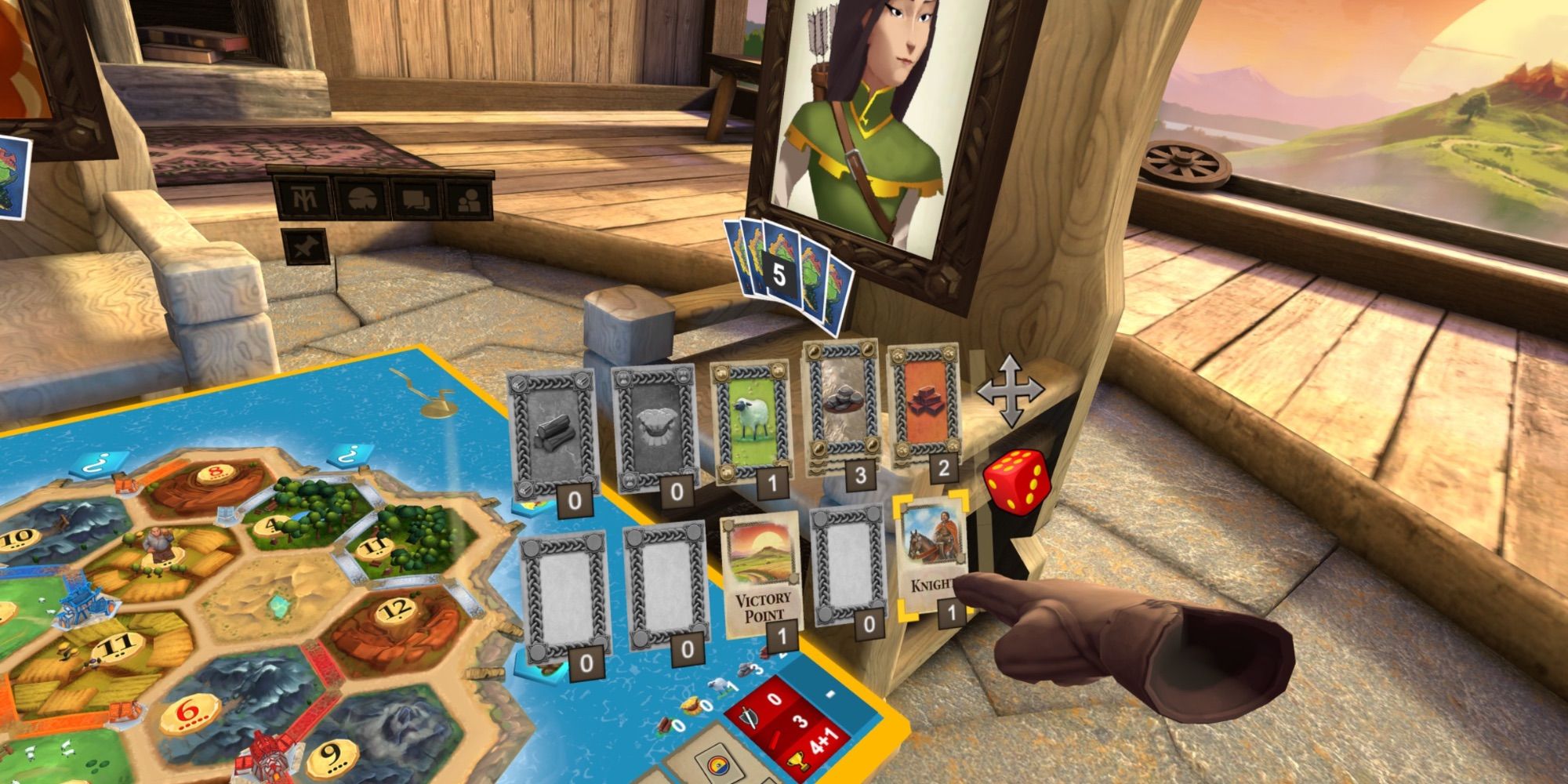 A player looking at their resources in Catan VR