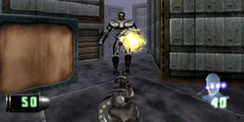 Shooting a robot in Disruptor. 