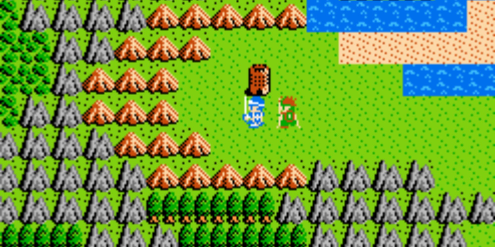 Two party members roaming a top down world in Dragon Quest 2
