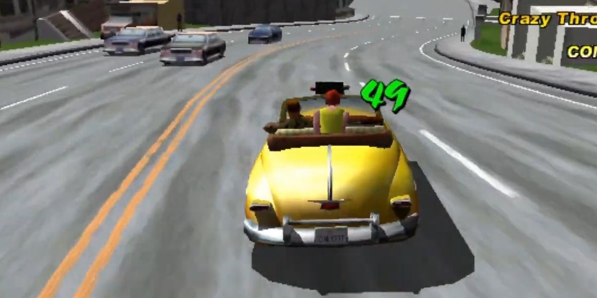 a taxi driving down the road in crazy taxi