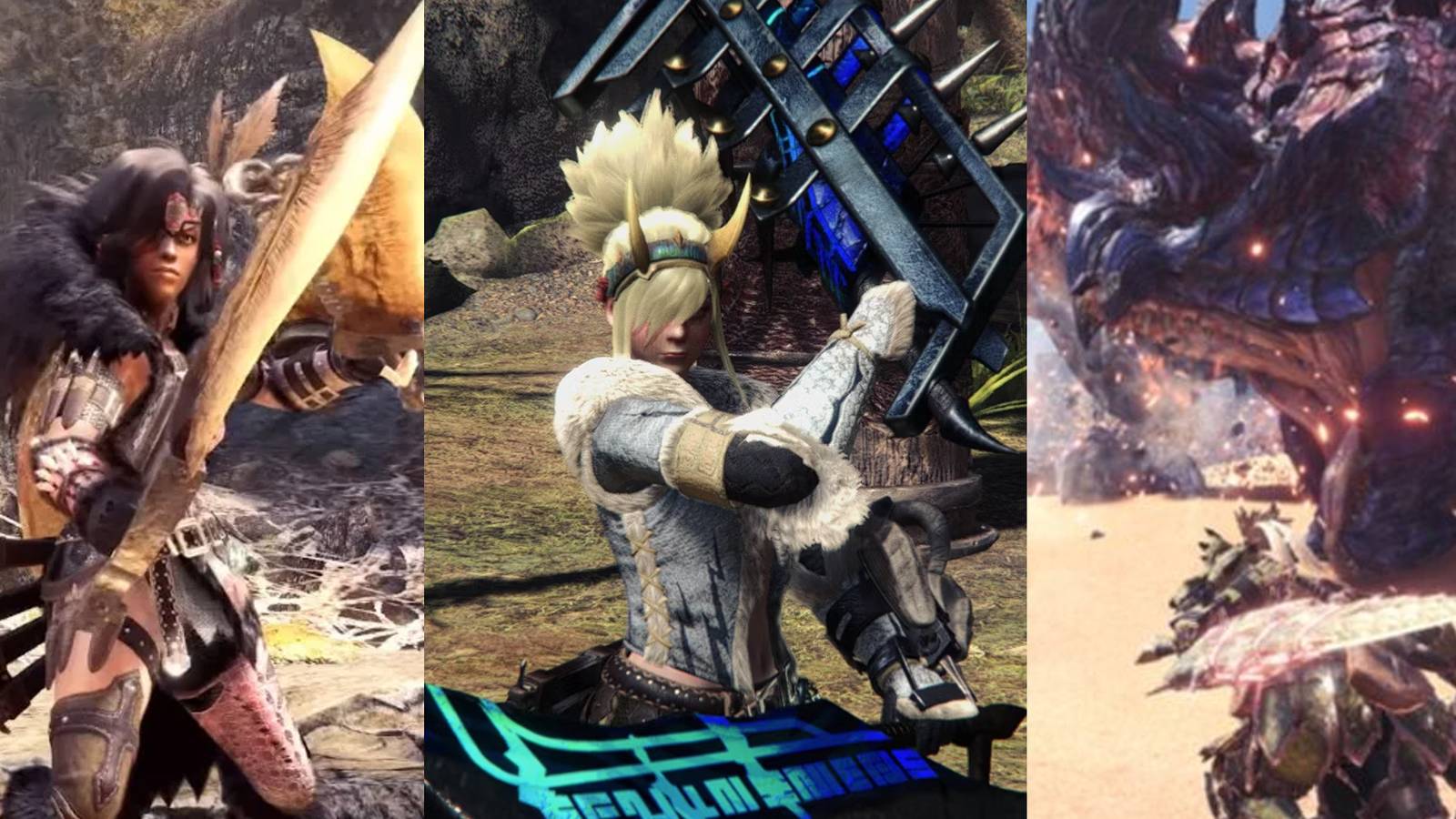 A hunter with bone Dual Blades; a hunter posing with Dual Blades; a hunter fighting a Glavenus with Dual Blades