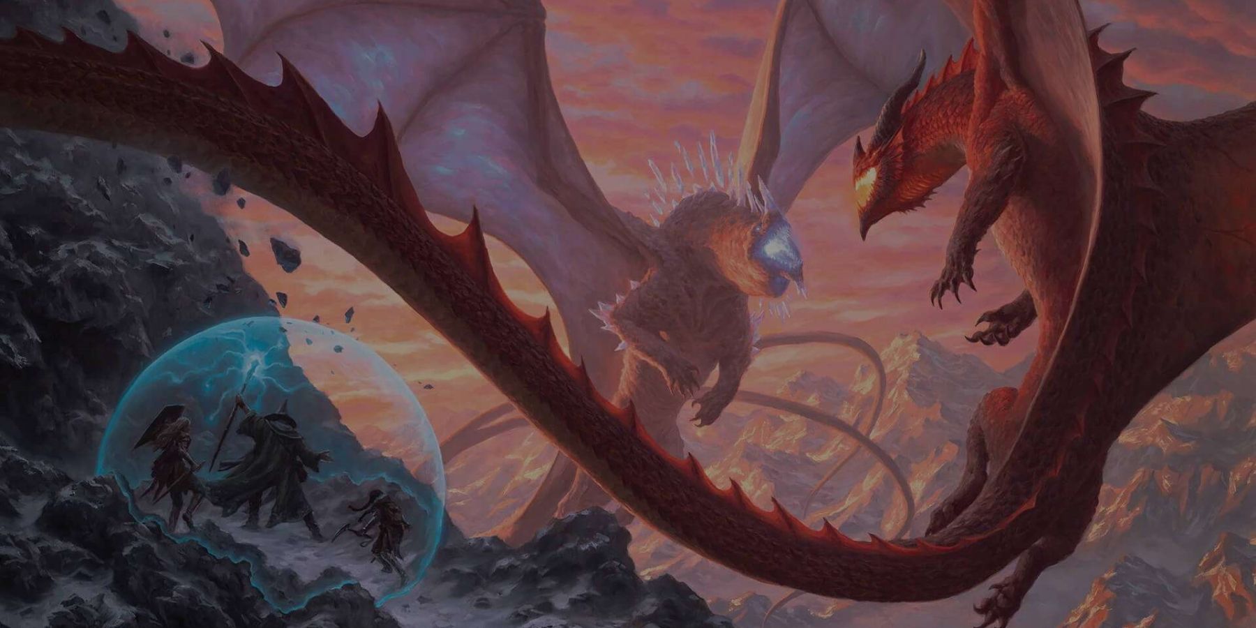 Official art for Dungeons and Dragons showing two dragons fighting and an adventuring party protected by a barrier