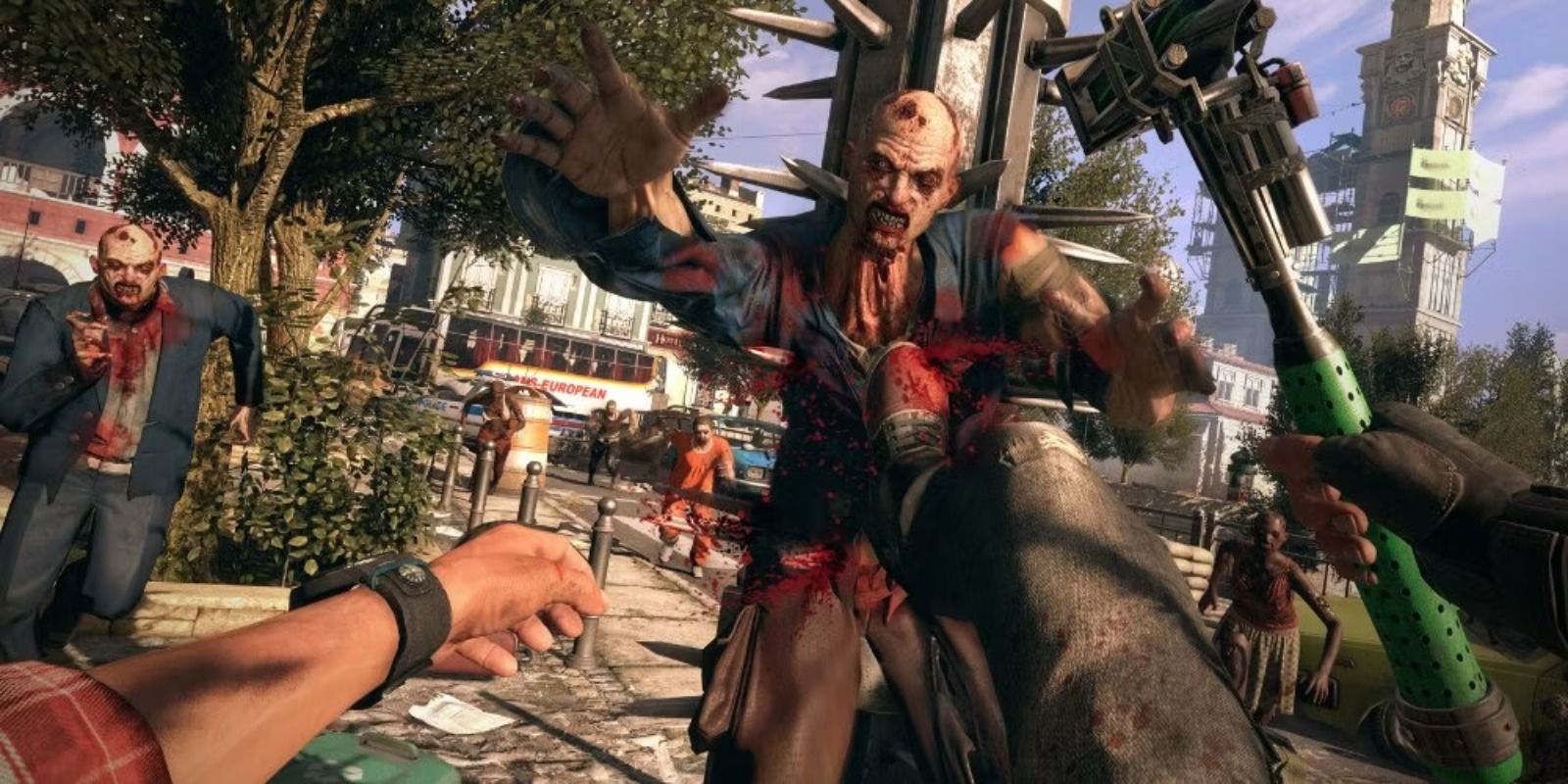 Dying Light player kicking zombie into a spike pole 