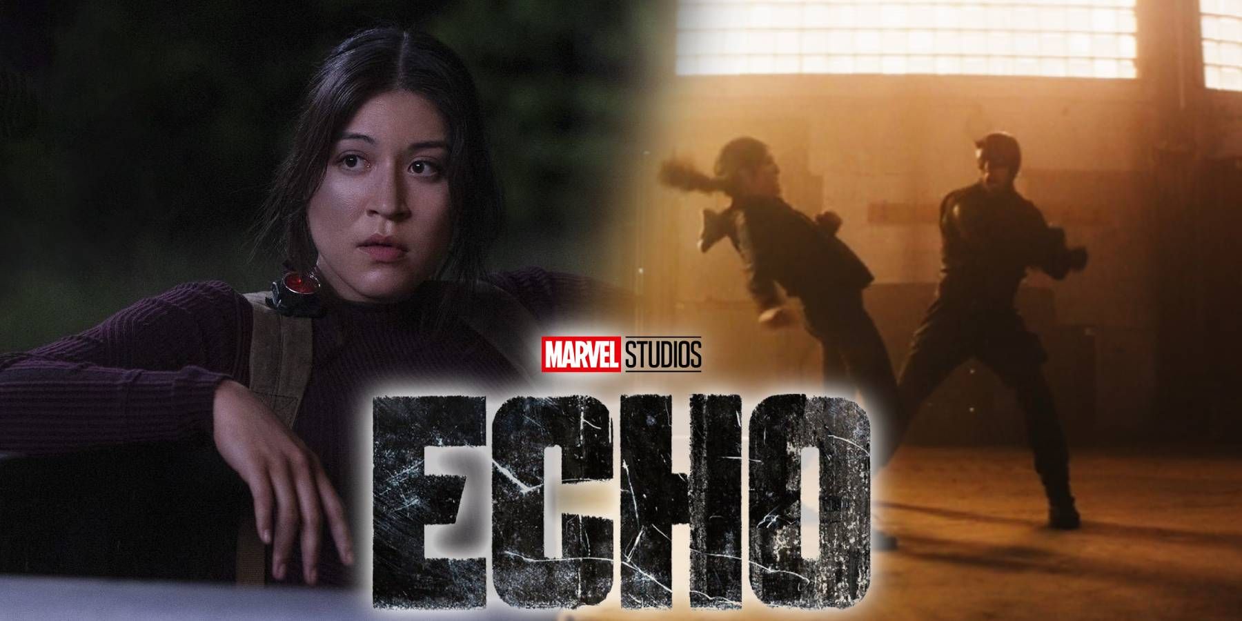 Alaqua Cox as Maya Lopez in Echo next to a fight between her and Daredevil with the Echo logo overlaid on top