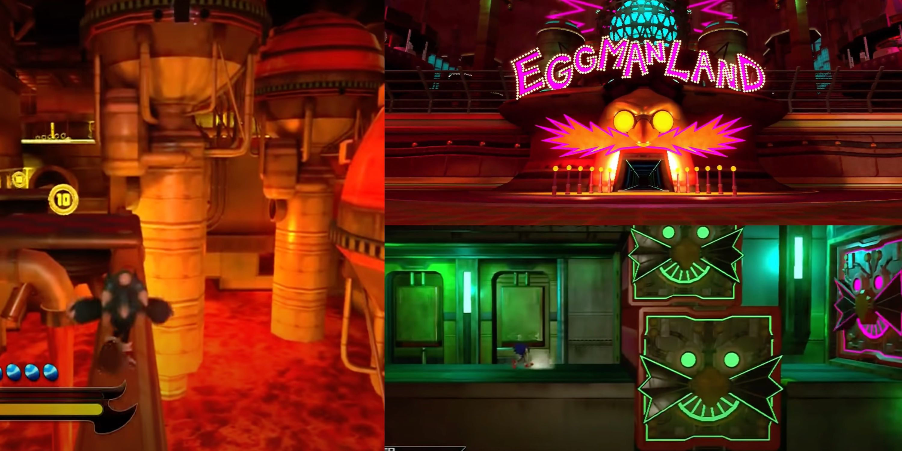 The entrance to Eggmanland, and sonic crossing lava and avoiding blocks with egg man's visage