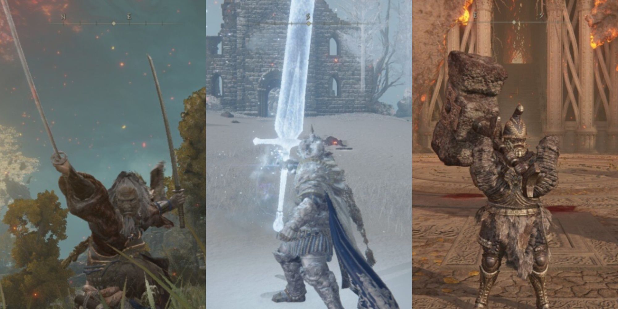 Elden Ring characters using katanas, a frost blade, and a stone hammer in various landscapes