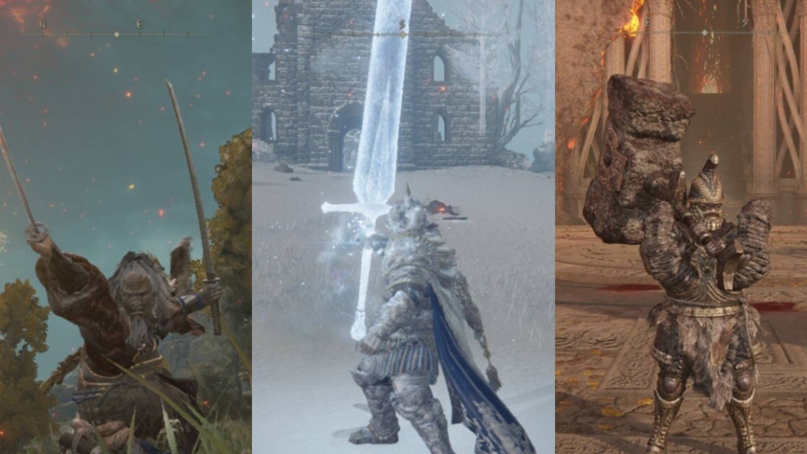Elden Ring characters using katanas, a frost blade, and a stone hammer in various landscapes