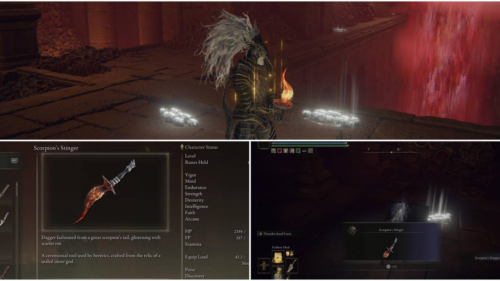 Split image showing the location of Scorpion's Stinger.