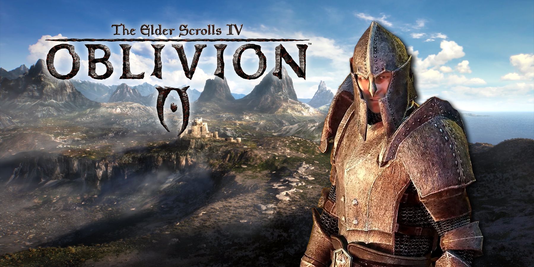 Elder Scrolls Oblivion NPC and Oblivion logo in front of Elder Scrolls 6 background