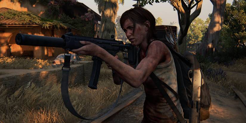 ellie with a silenced submachine gun