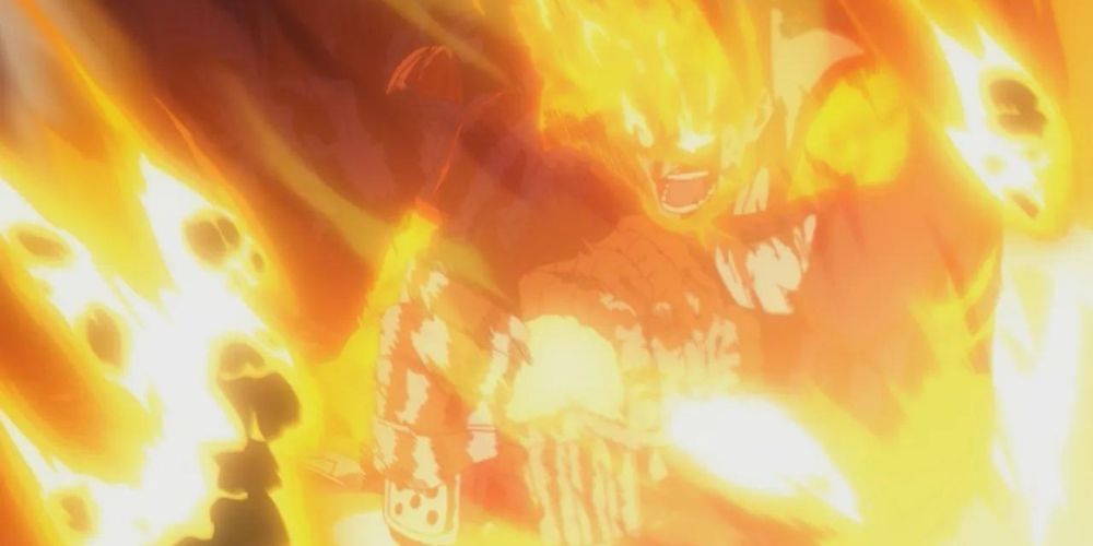 Endeavor using Prominence Burn to incinerate a a High-end Nomu in My Hero Academia