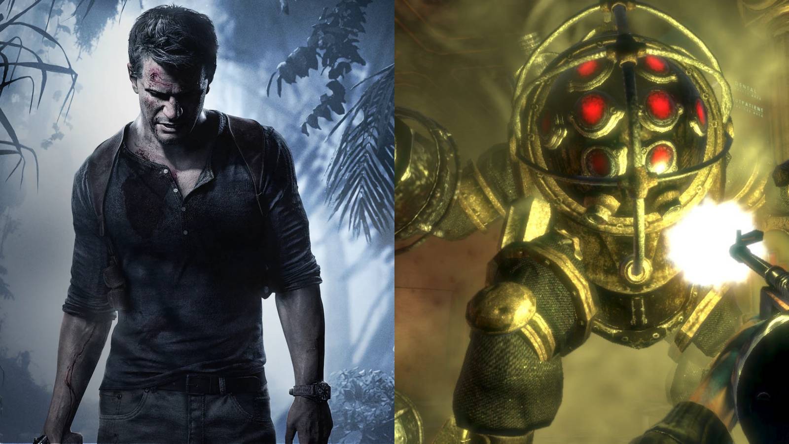 Nathan Drake looking down beside a screenshot from Bio Shock as an enemy attacks the player