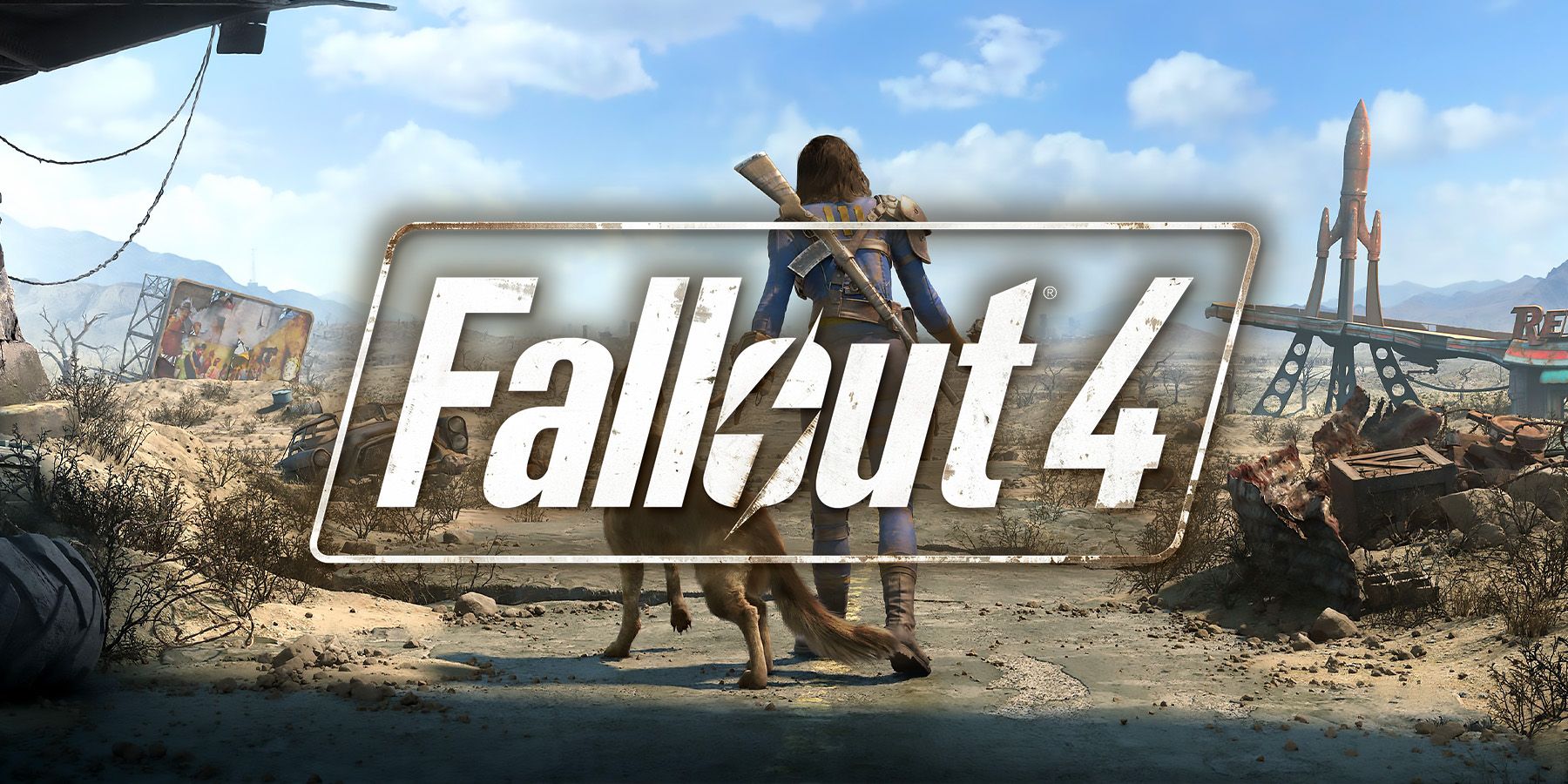 Fallout 4 logo in front of Vault Dweller and Dogmeat