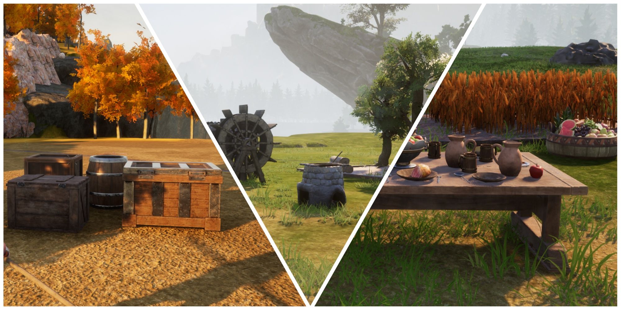 Storage boxes, crusher, firepit and wheat plantation in Palworld