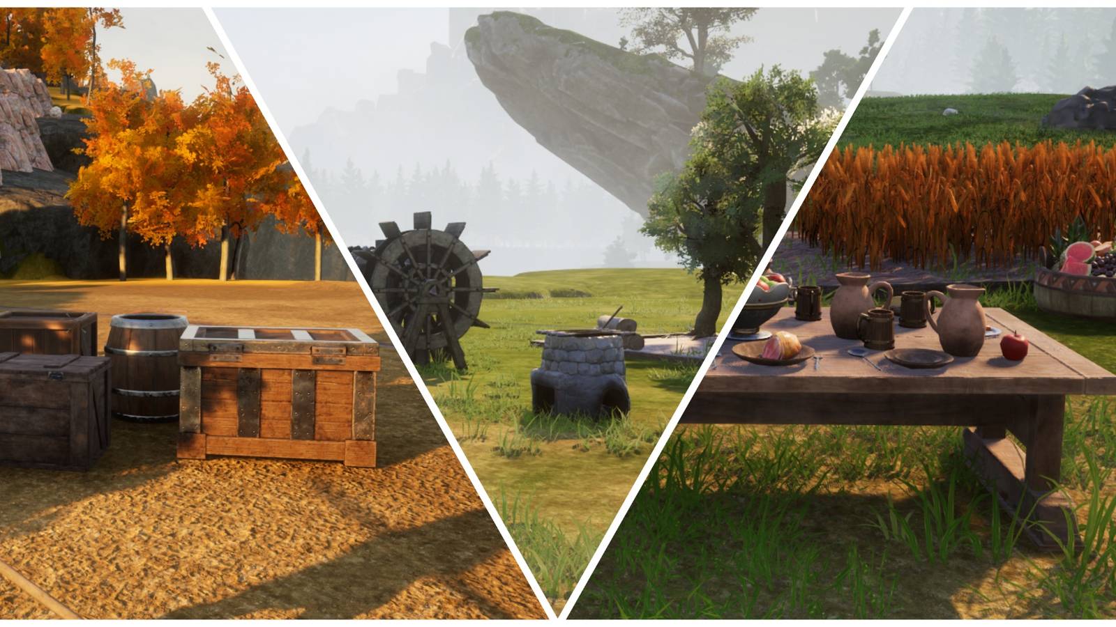 Storage boxes, crusher, firepit and wheat plantation in Palworld