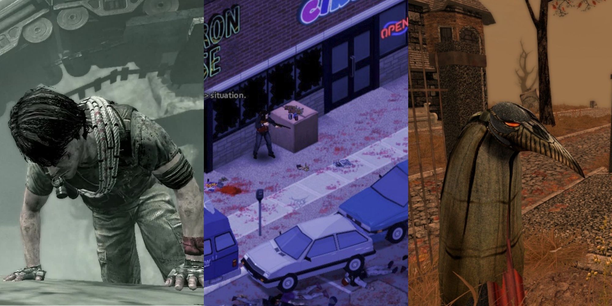 A trisplit of the main character from I Am Alive, the player standing in front of a shot up store in Project Zomboid and a crow in Pathologic