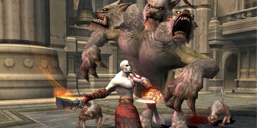 Fighting a three-headed enemy in God of War 2 (2007)