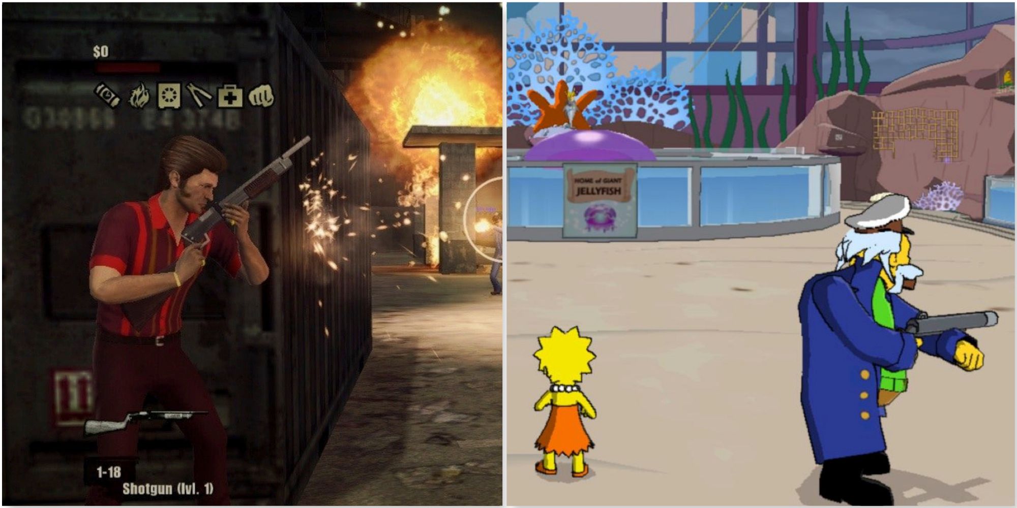 Fighting enemies in The Godfather 2 and Fighting a boss in The Simpsons Game