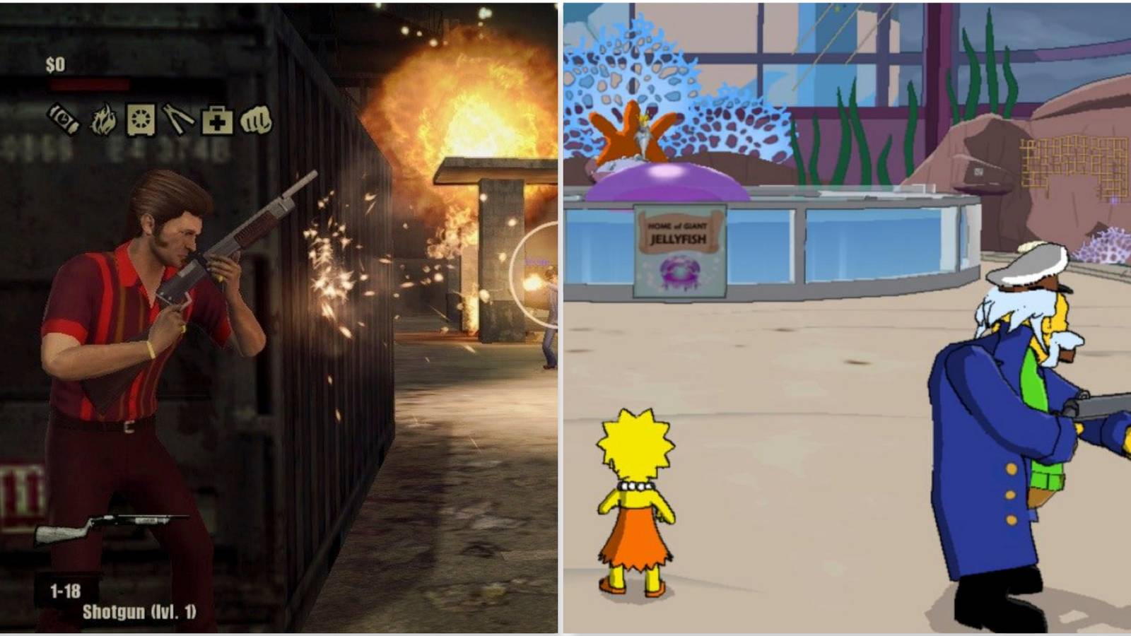 Fighting enemies in The Godfather 2 and Fighting a boss in The Simpsons Game