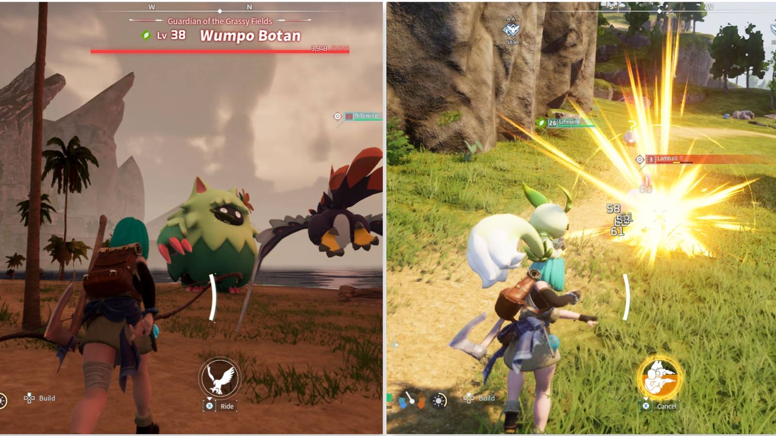 Fighting the Wumpo Botan boss and Fighting enemies with Lifmunk in Palworld