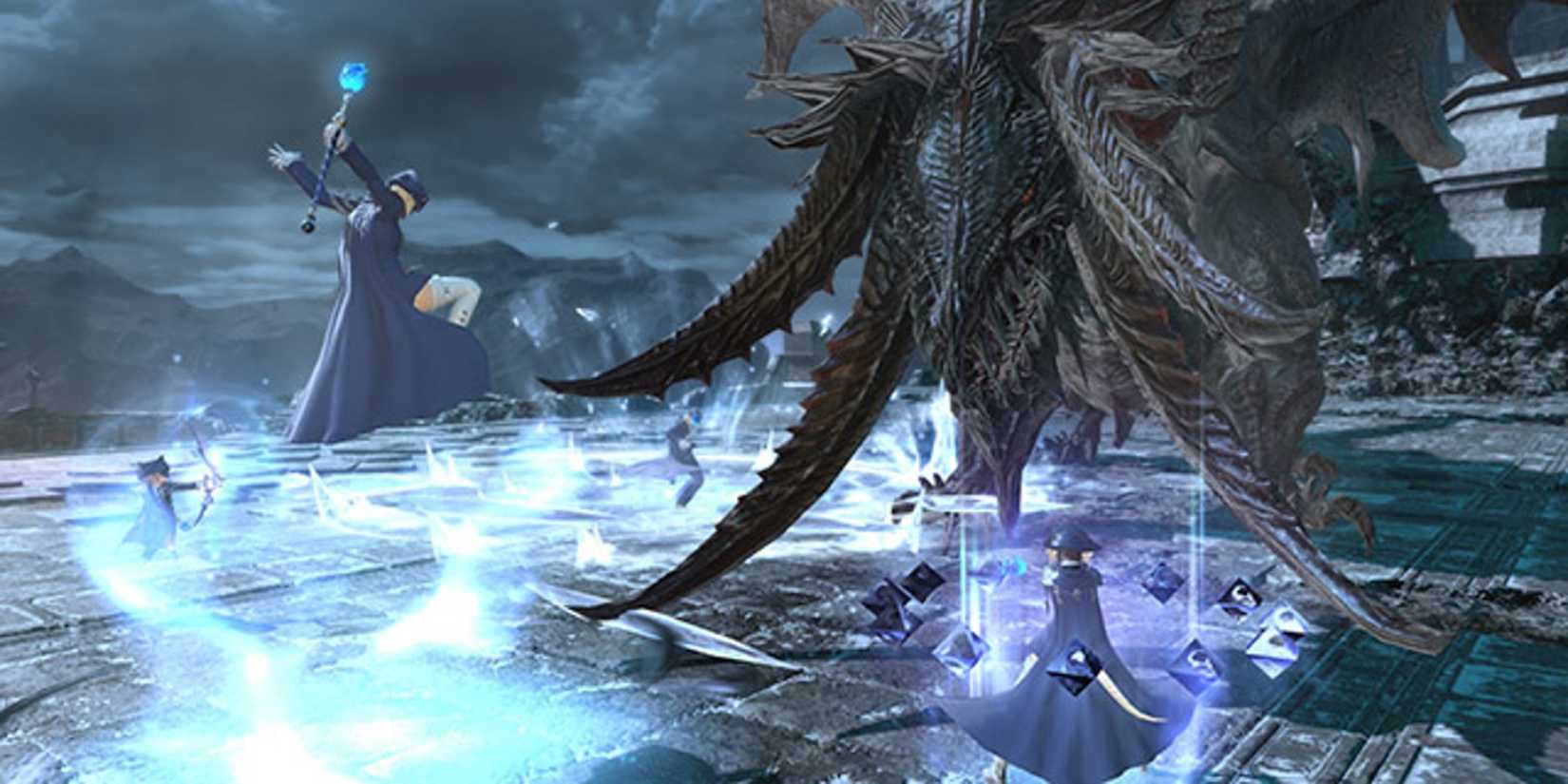 blue mages fighting nidhogg in final fantasy 14