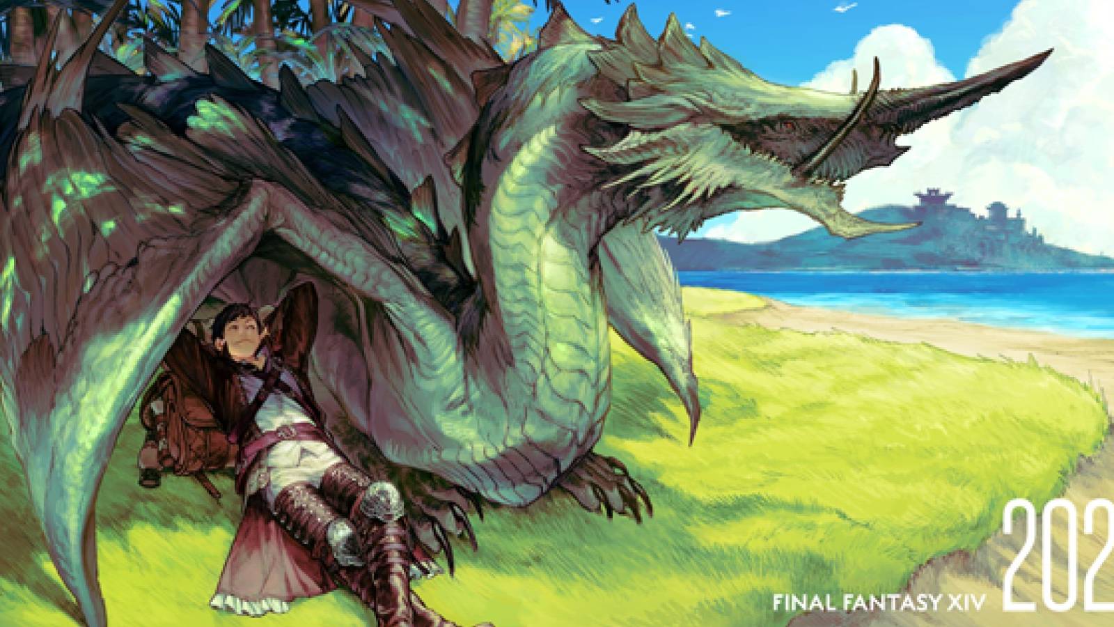 naoki yoshida in the viper gear chilling under vrtra on an island from ffxiv