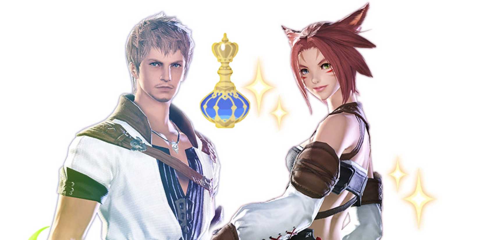 a hyur and miqote with a fantasia from ffxiv