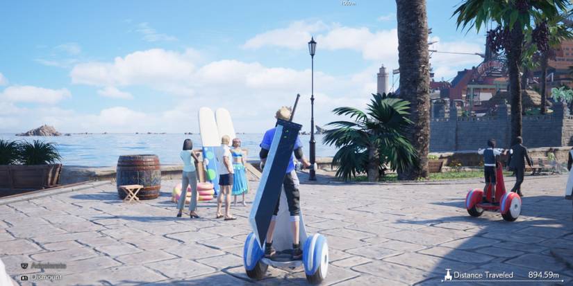 Final Fantasy 7 Rebirth Cloud riding a Segway