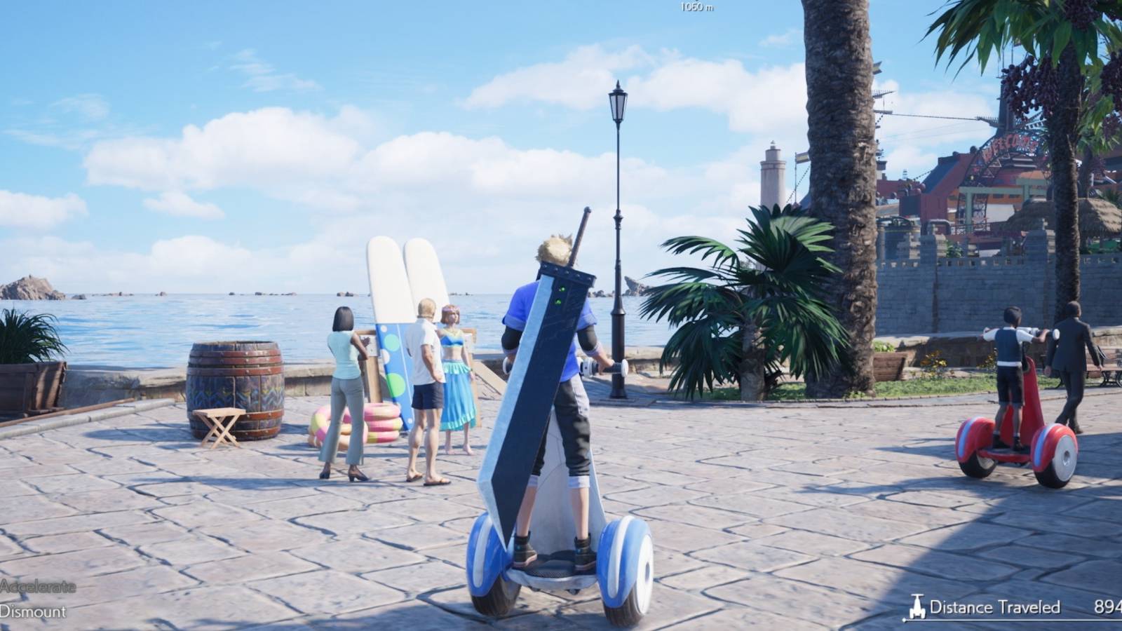 Final Fantasy 7 Rebirth Cloud riding a Segway