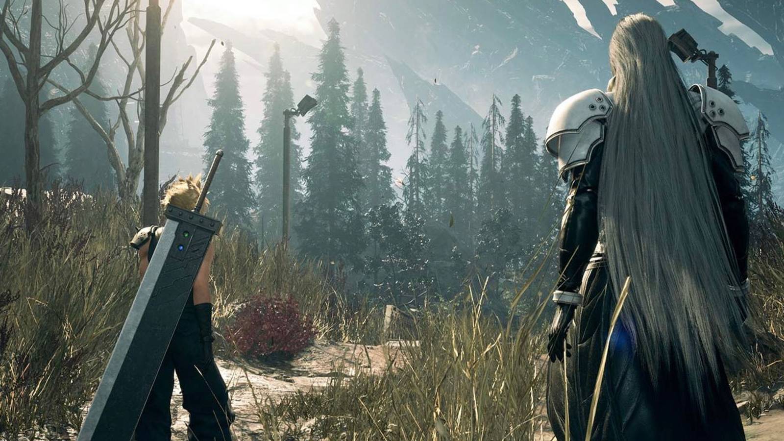 A screenshot of Cloud Strife and Sephiroth exploring Nibelheim in Final Fantasy 7 Rebirth.