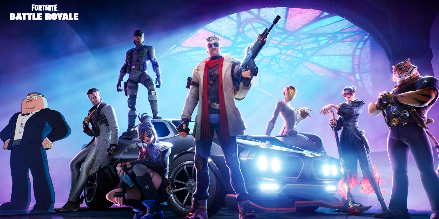 The key visual for Fortnite Chapter 5's Big Bang battle pass, showing off multiple in-game skins.