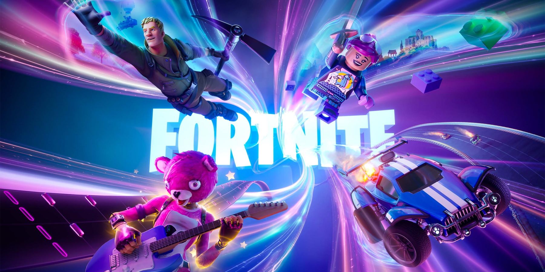 The key visual for Fortnite's Chapter 5. The image depicts several Fortnite characters showing off the new game modes including LEGO Fortnite, Rocket Racing, and Fortnite Festival.