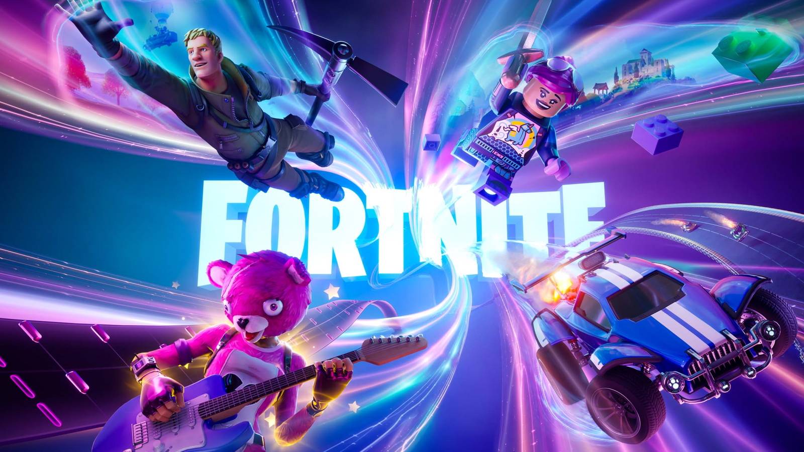 The key visual for Fortnite's Chapter 5. The image depicts several Fortnite characters showing off the new game modes including LEGO Fortnite, Rocket Racing, and Fortnite Festival.