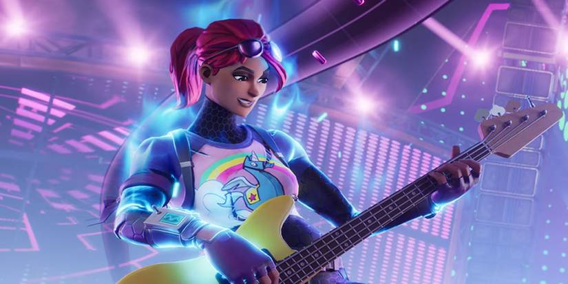 A promotinal image of a character playing a guitar in Fortnite Festival.