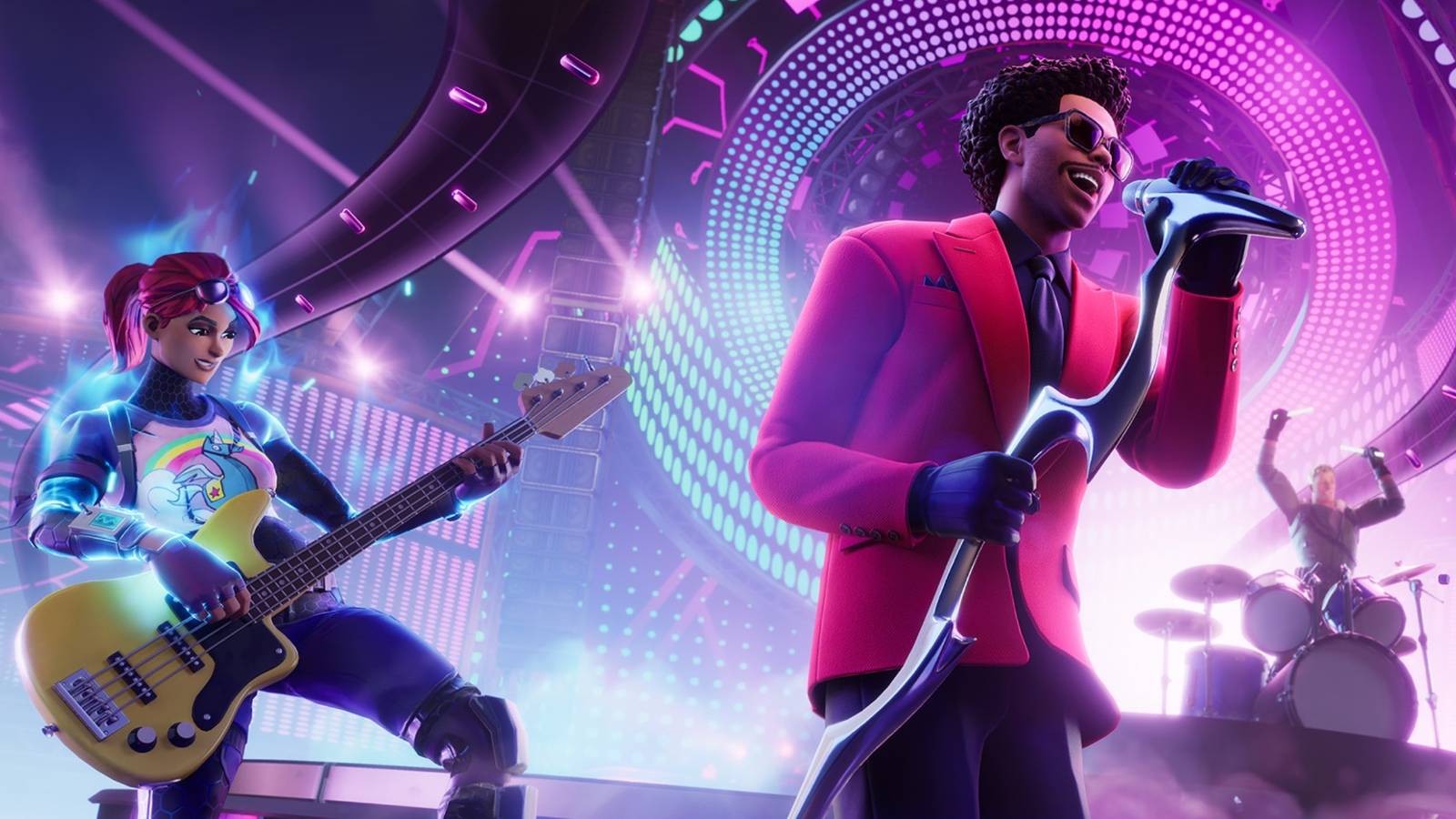 the weeknd jamming on the main stage of the fortnite festival with brite bomber