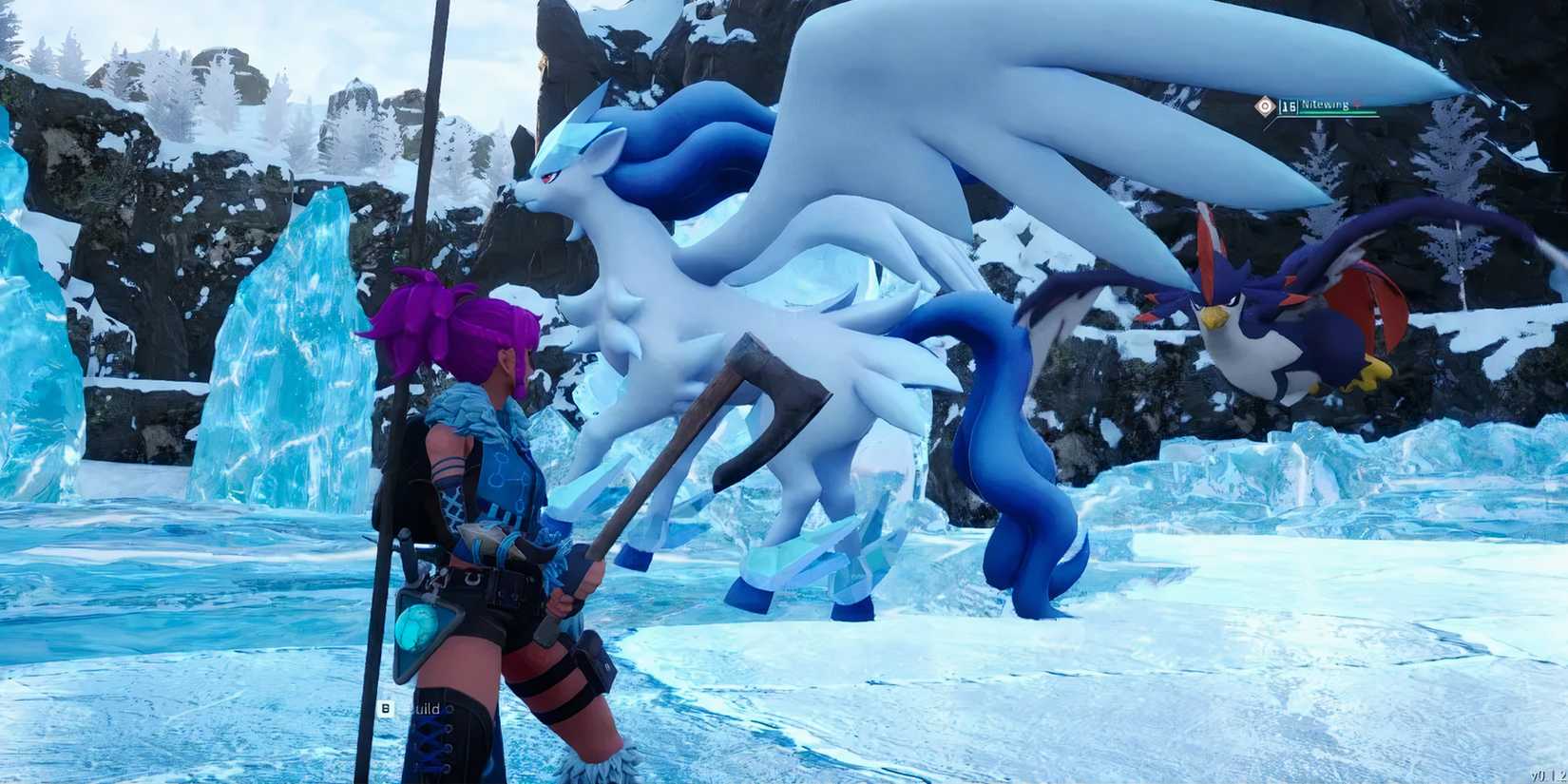 The player's character in Palworld standing in an Ice Biome with Frostallion present in the background