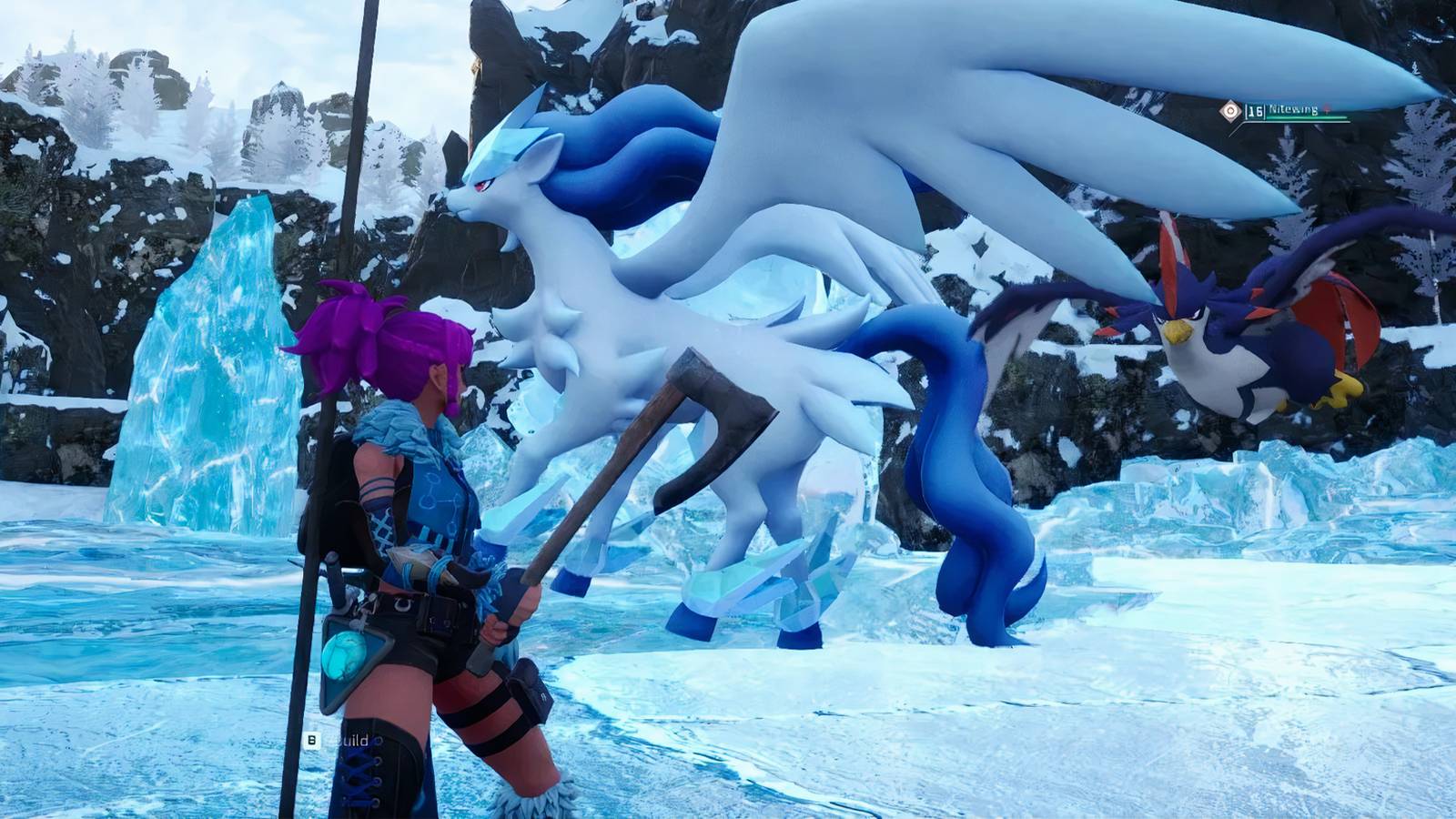 The player's character in Palworld standing in an Ice Biome with Frostallion present in the background
