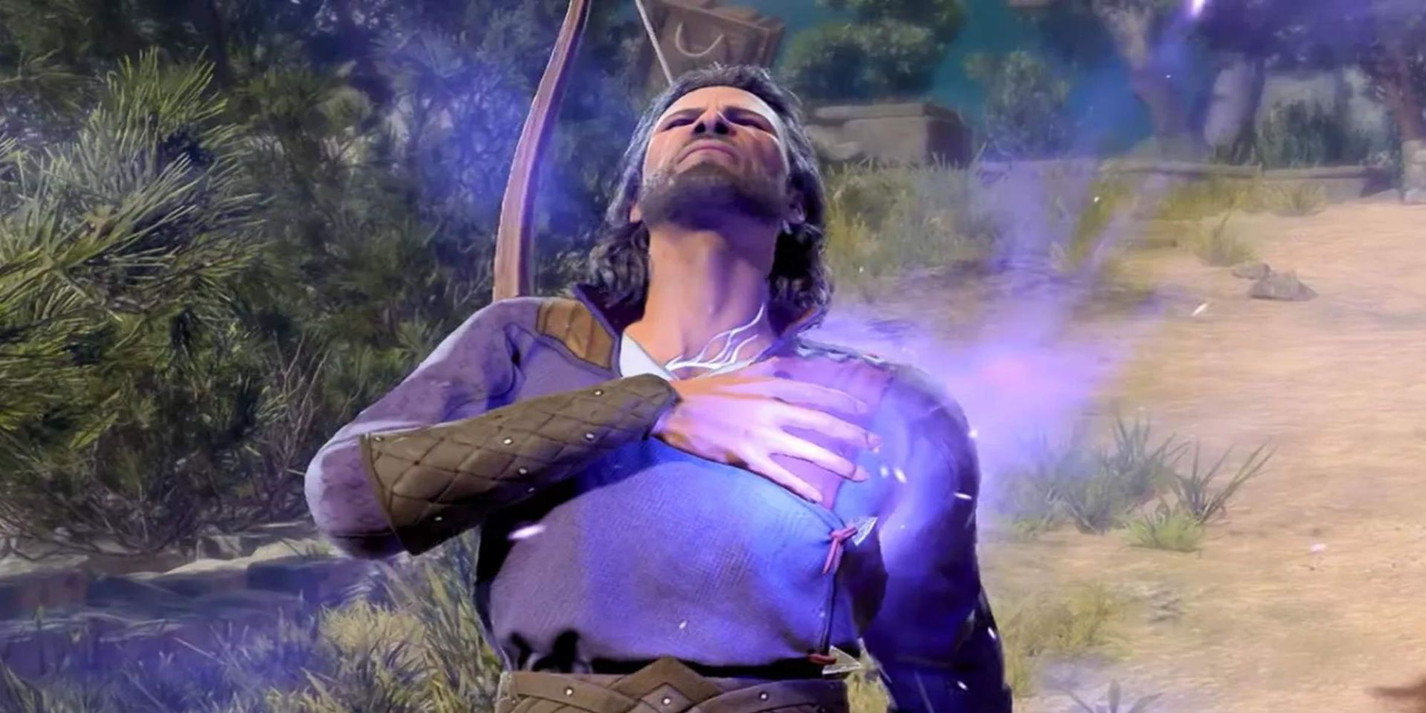 Gale from Baldur's Gate 3 with his hand on his chest, clearly in pain. He is glowing purple