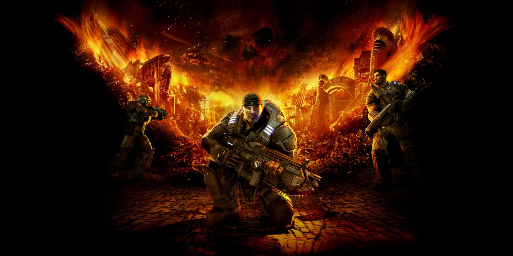 The key art for Gears of War 1, depicting Marcus Fenix and other soldiers in front of a fiery city landscape.