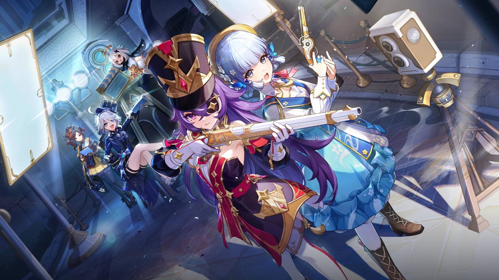 The key visual for Genshin Impact's Version 4.3 update. The image shows Ayaka and Chevreuse both holding guns, with Furina, Paimon, and Chiori in the background.