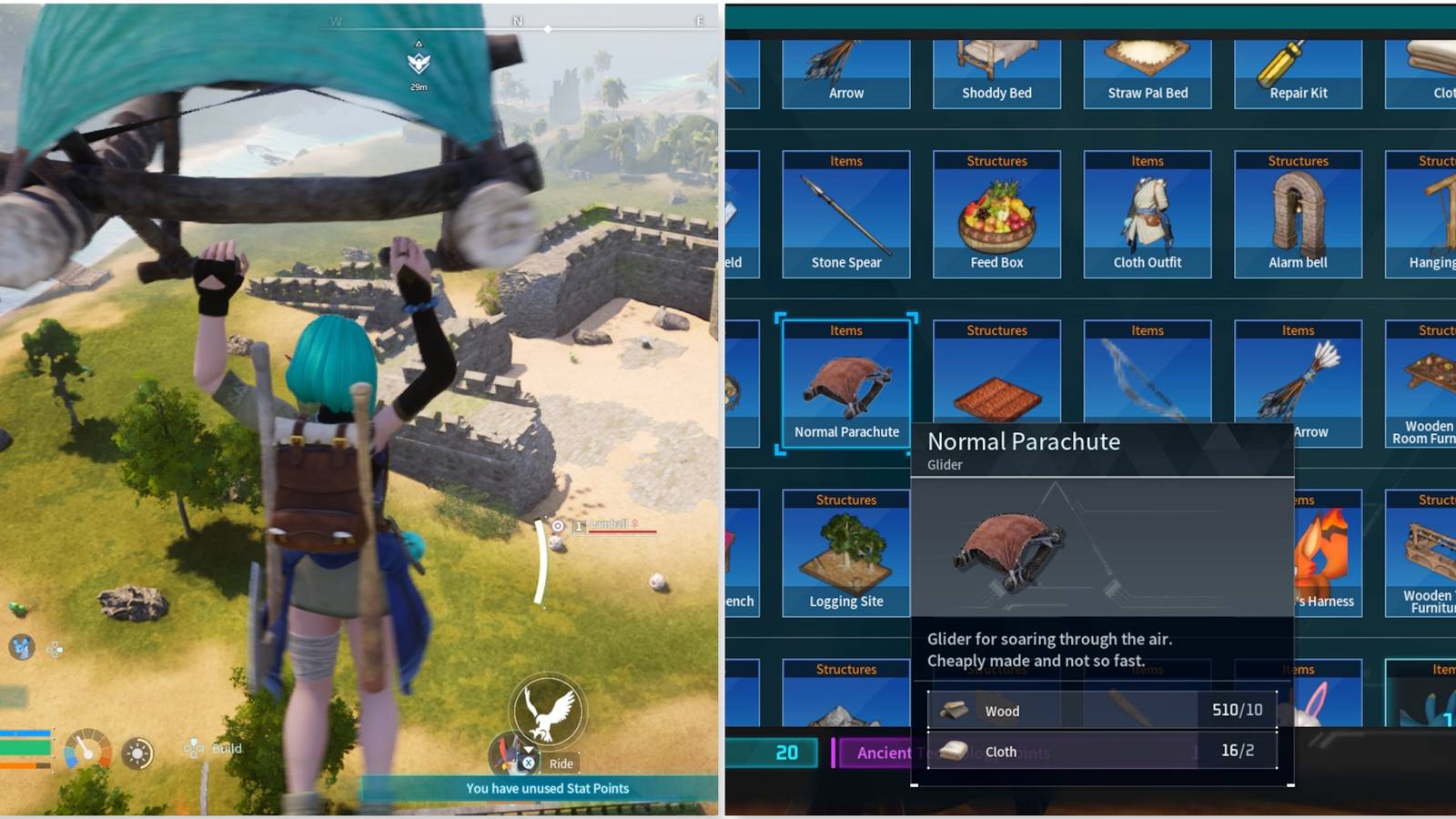 Gliding and the Normal Parachute recipe in Palworld